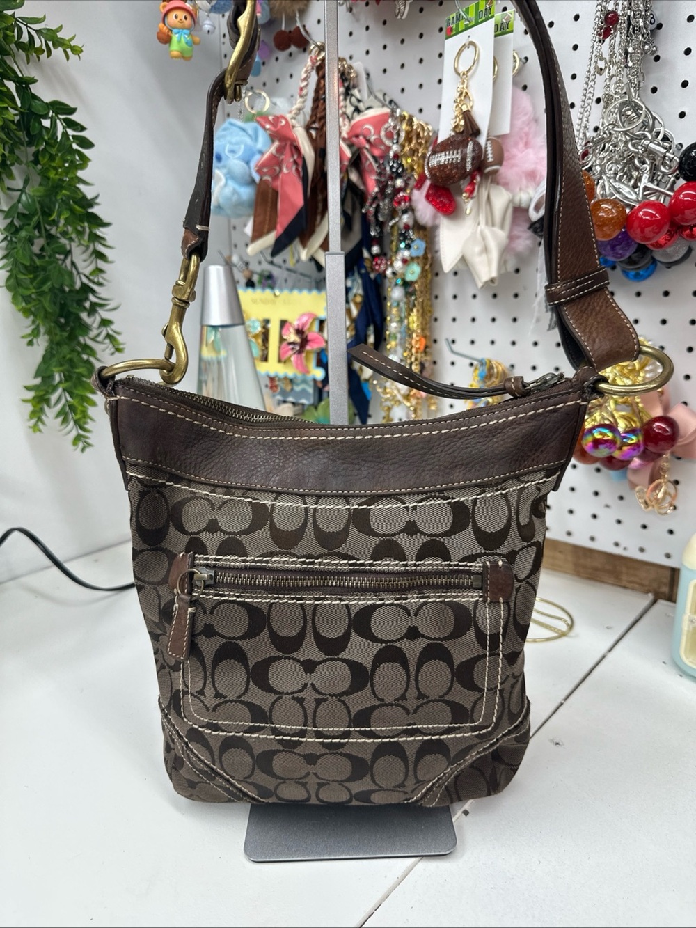 Coach Brown Signature Canvas Crossbody Bag with Dark Leather Trim